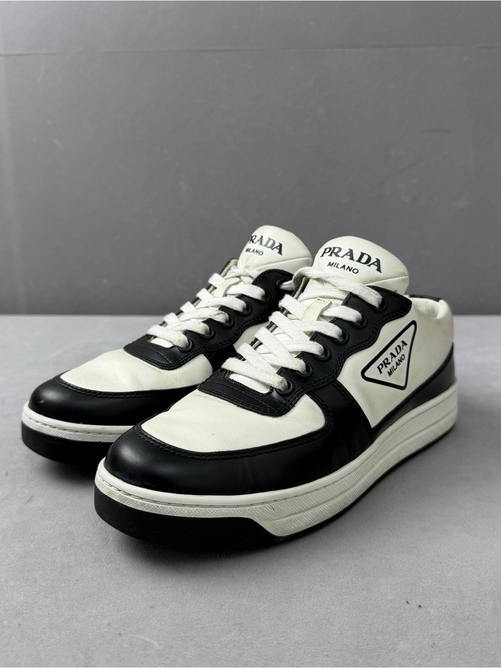 Prada White and Black Low-Top Leather Sneakers
